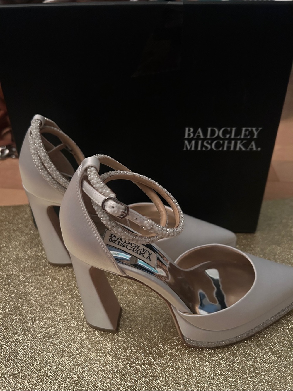 Badgley Mischka Ivory Satin Pearl-Strap Block Heel Pumps